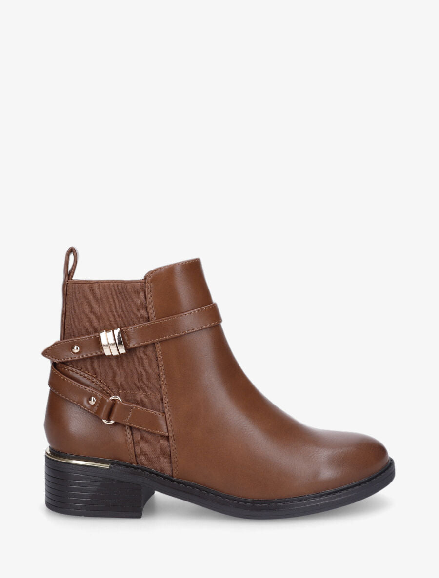 Bottines élastiquées et sanglés en simili - Camel - 1