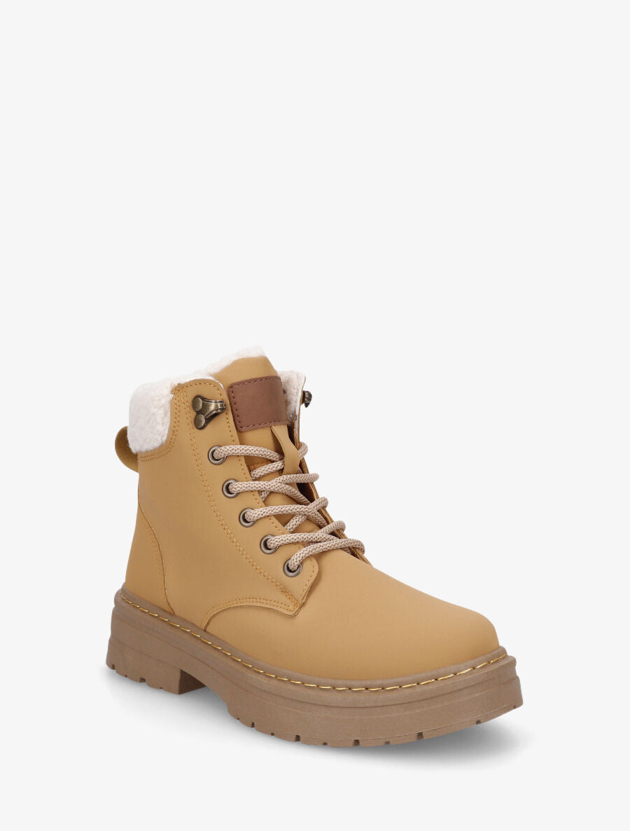 Boots en simili à revers et lacets - Camel - 2