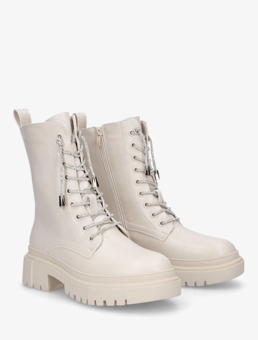 Bottines montantes à lacets strassés - Beige - 4