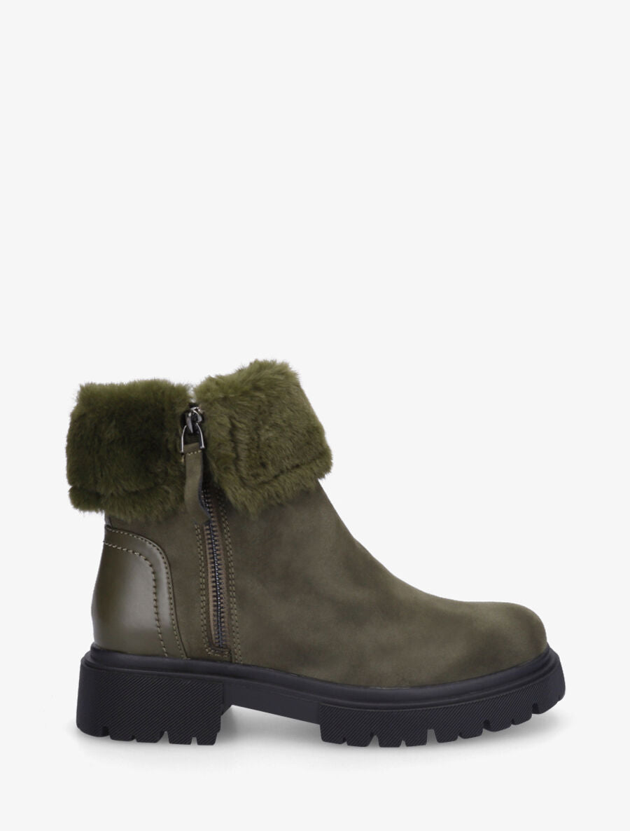 Bottines en suédine à revers en fausse fourrure - Kaki - 1
