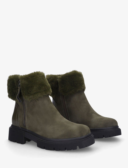 Bottines en suédine à revers en fausse fourrure - Kaki - 4