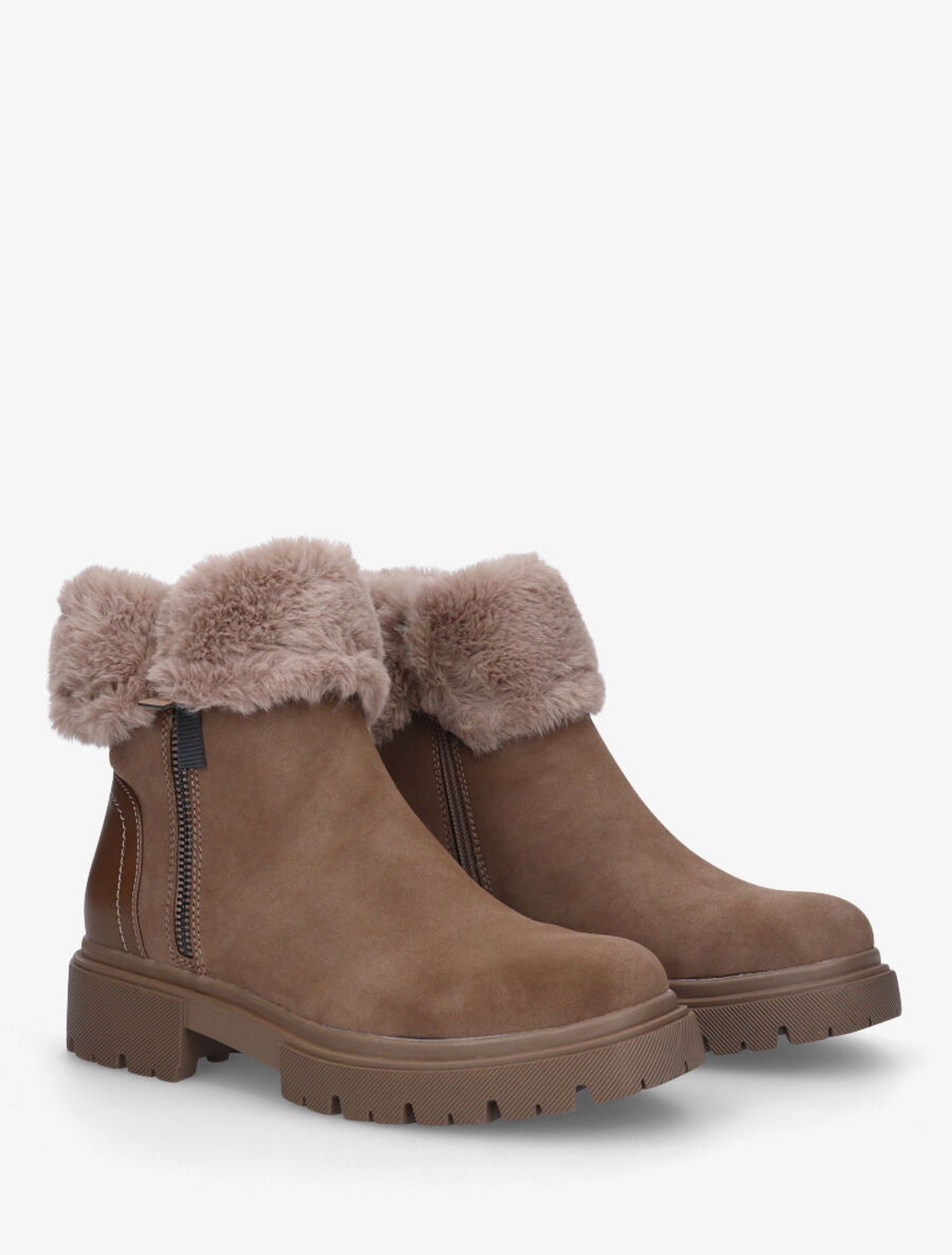 Bottines en suédine à revers en fausse fourrure - Taupe - 4