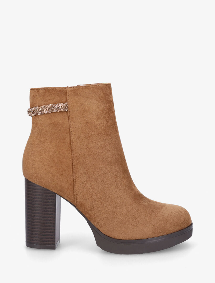 Bottines à talon et strass en suédine - Camel - 1