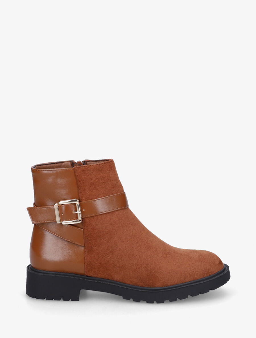 Bottines plates bimatière à boucle - Camel - 5