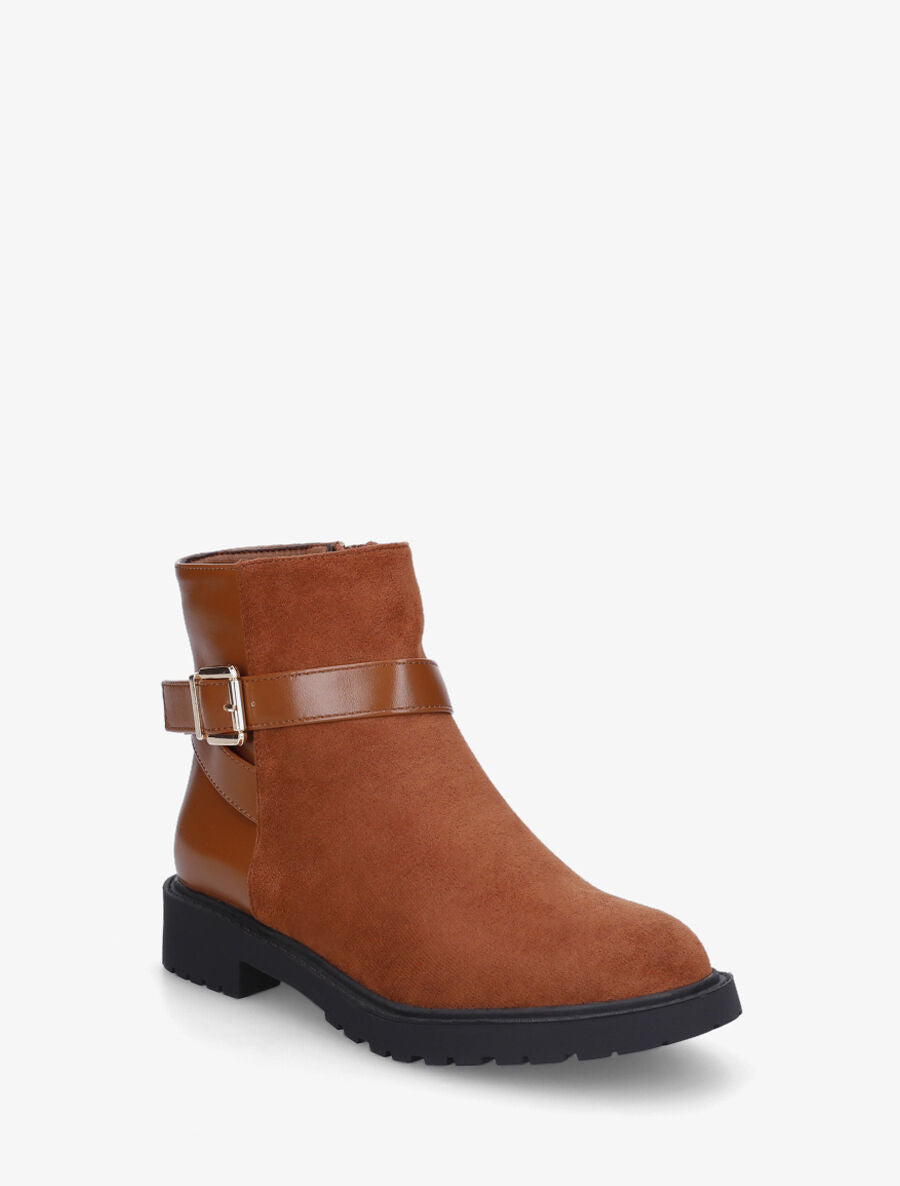 Bottines plates bimatière à boucle - Camel - 2