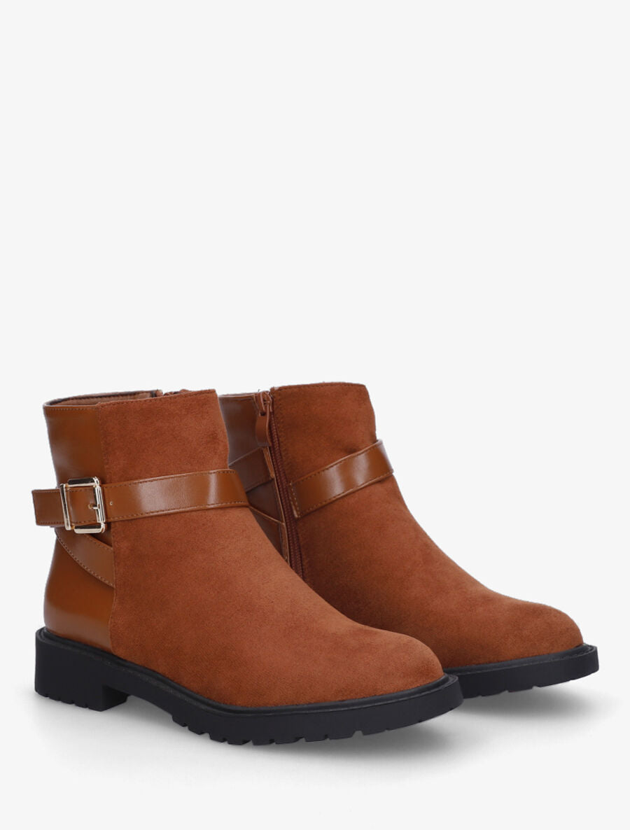 Bottines plates bimatière à boucle - Camel - 4