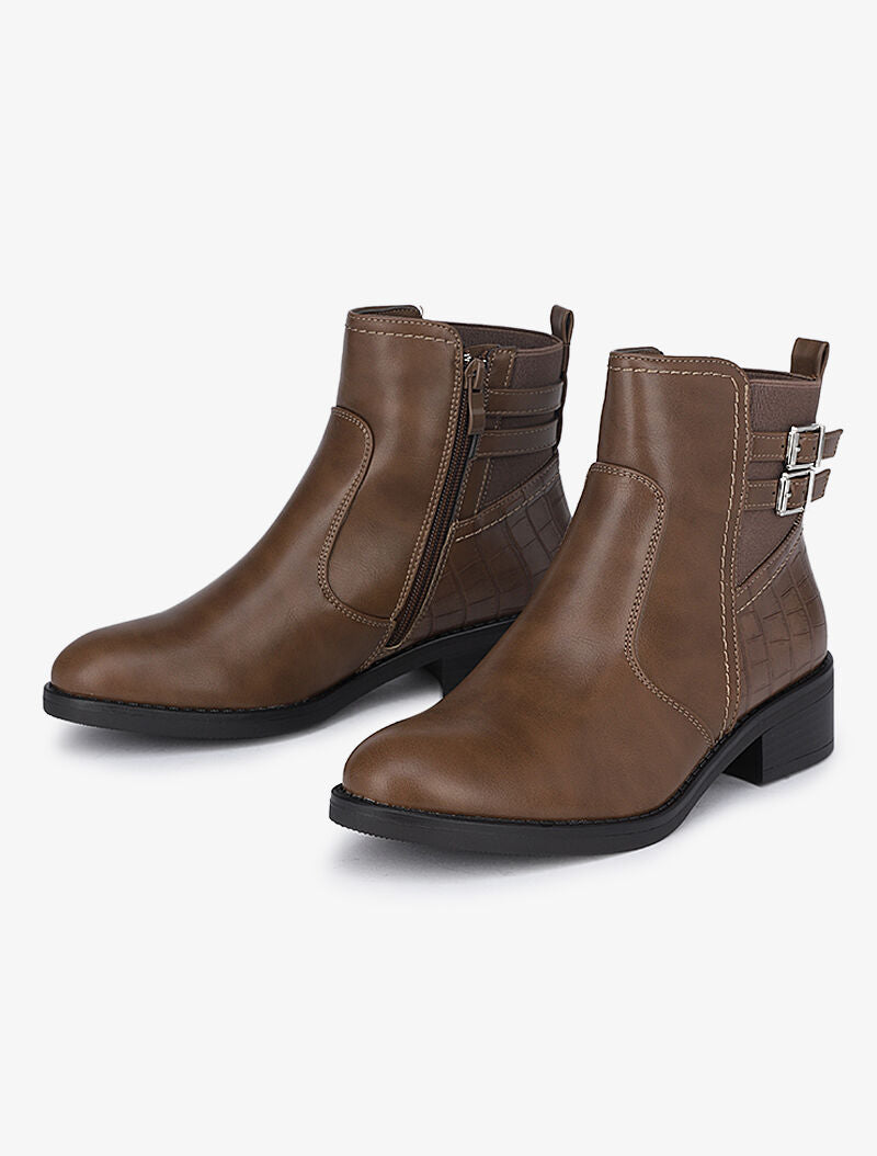 Bottines à sangles et imprimé croco - Marron - 1