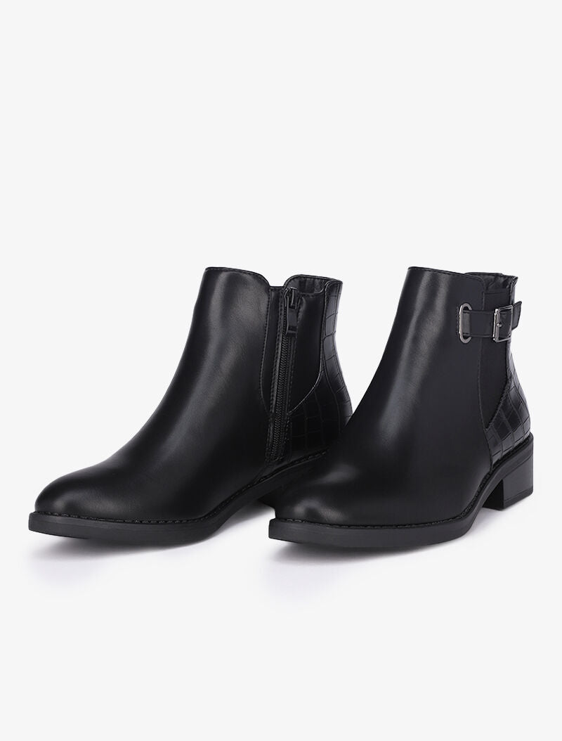 Bottines à contrefort croco et boucle carrée - Noir - 1