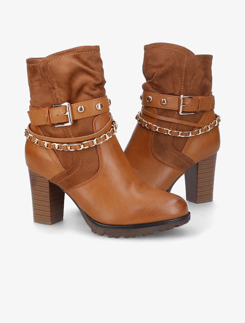 Bottines à talon et brides stylisées - Camel - 3