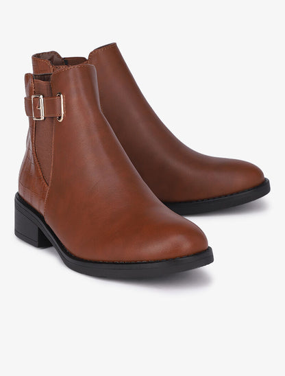 Bottines à contrefort croco et boucle carrée - Camel - 1
