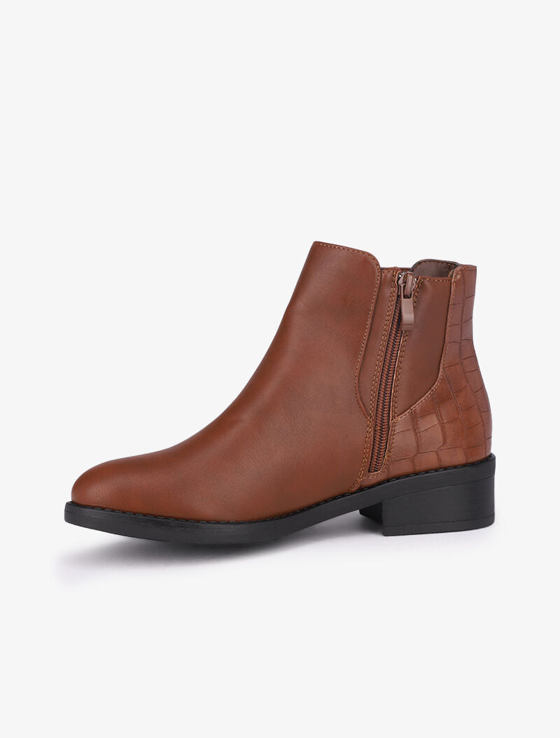 Bottines à contrefort croco et boucle carrée - Camel - 4