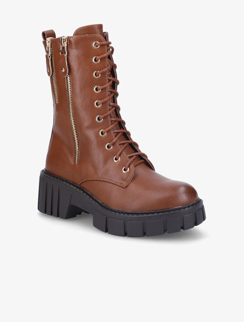 Bottines montantes à double zips décoratifs dorés - Camel - 3