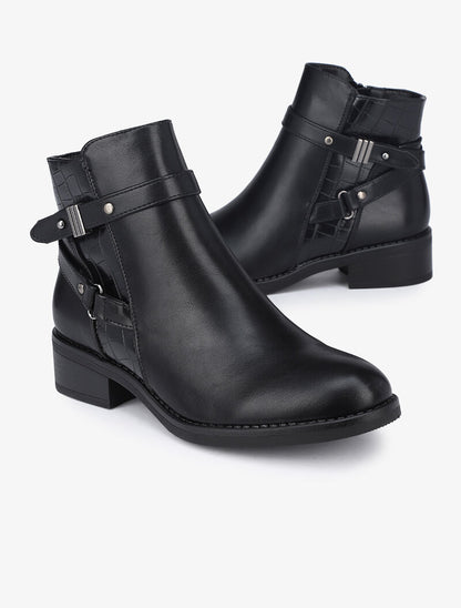 Bottines à détails croco et brides croisées - Noir - 1