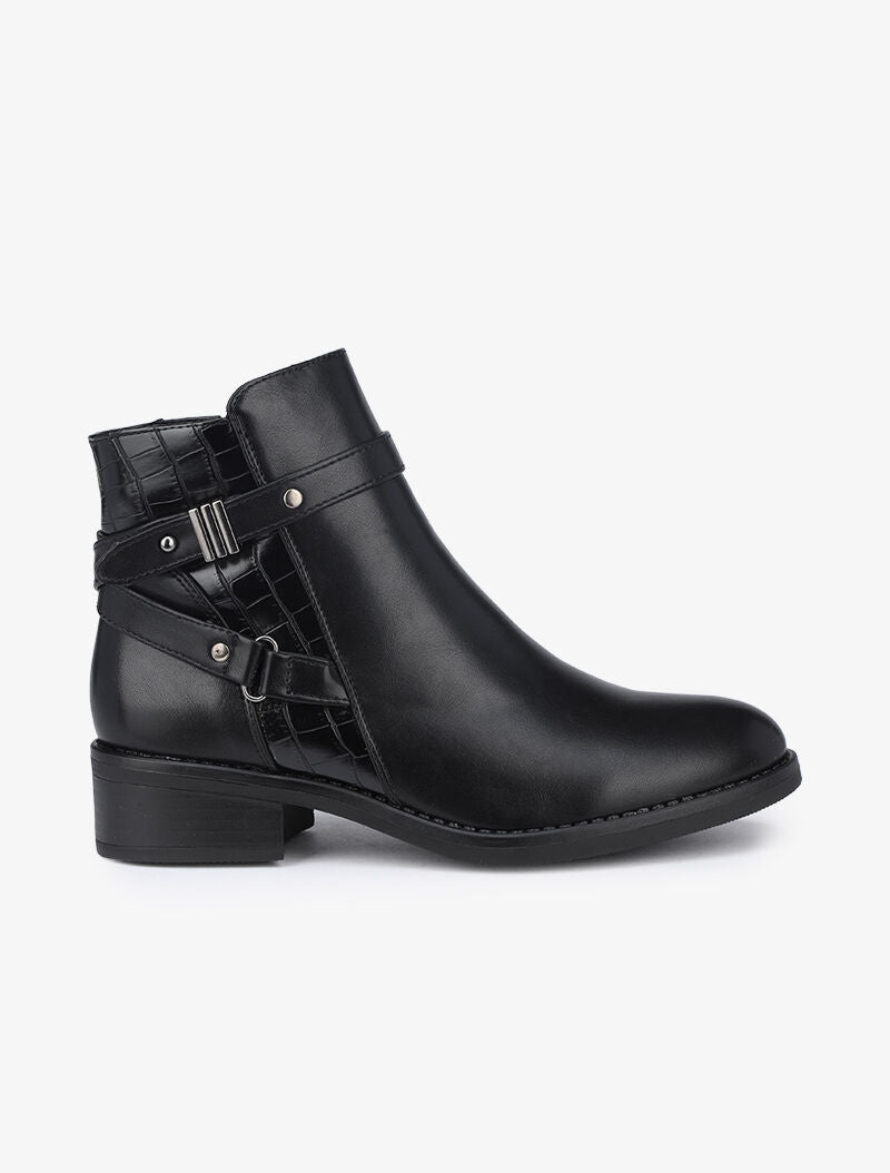 Bottines à détails croco et brides croisées - Noir - 2