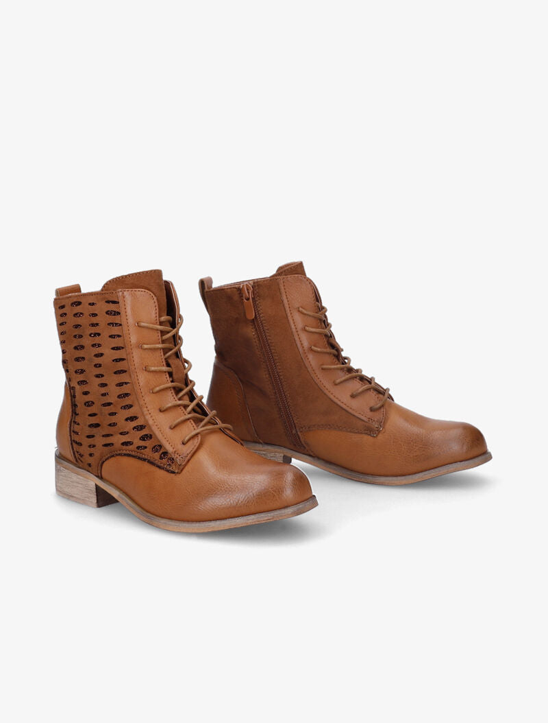 Bottines perforées à lacets et détail irisé - Camel - 1