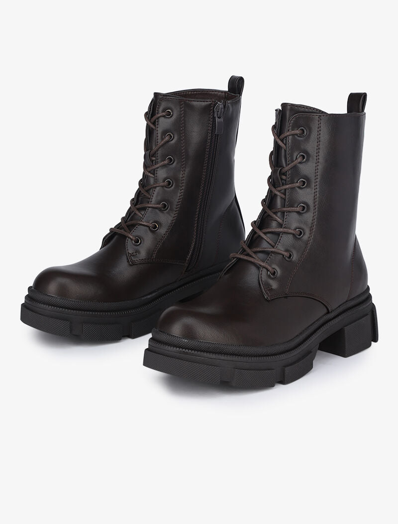 Boots montantes à gros crans et lacets - Marron - 1