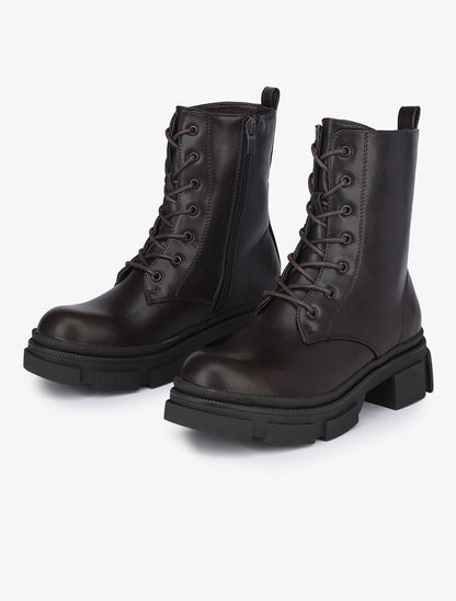 Boots montantes à gros crans et lacets - Marron - 1
