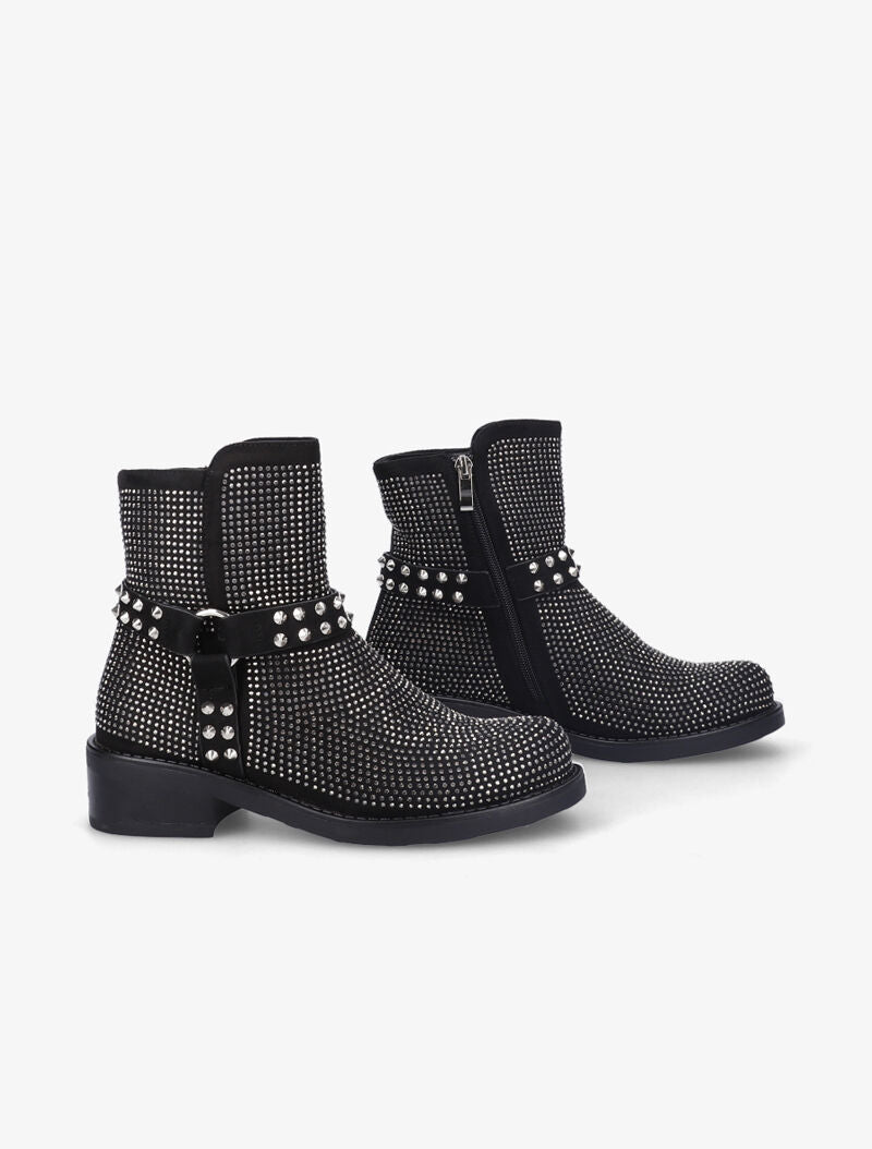 Bottines ornées de strass et brides cloutées - Noir - 1