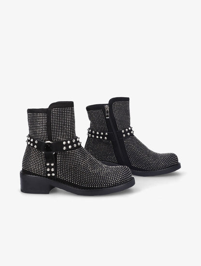 Bottines ornées de strass et brides cloutées - Noir - 1
