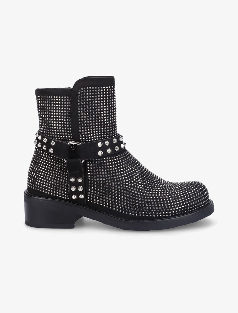 Bottines ornées de strass et brides cloutées - Noir - 2
