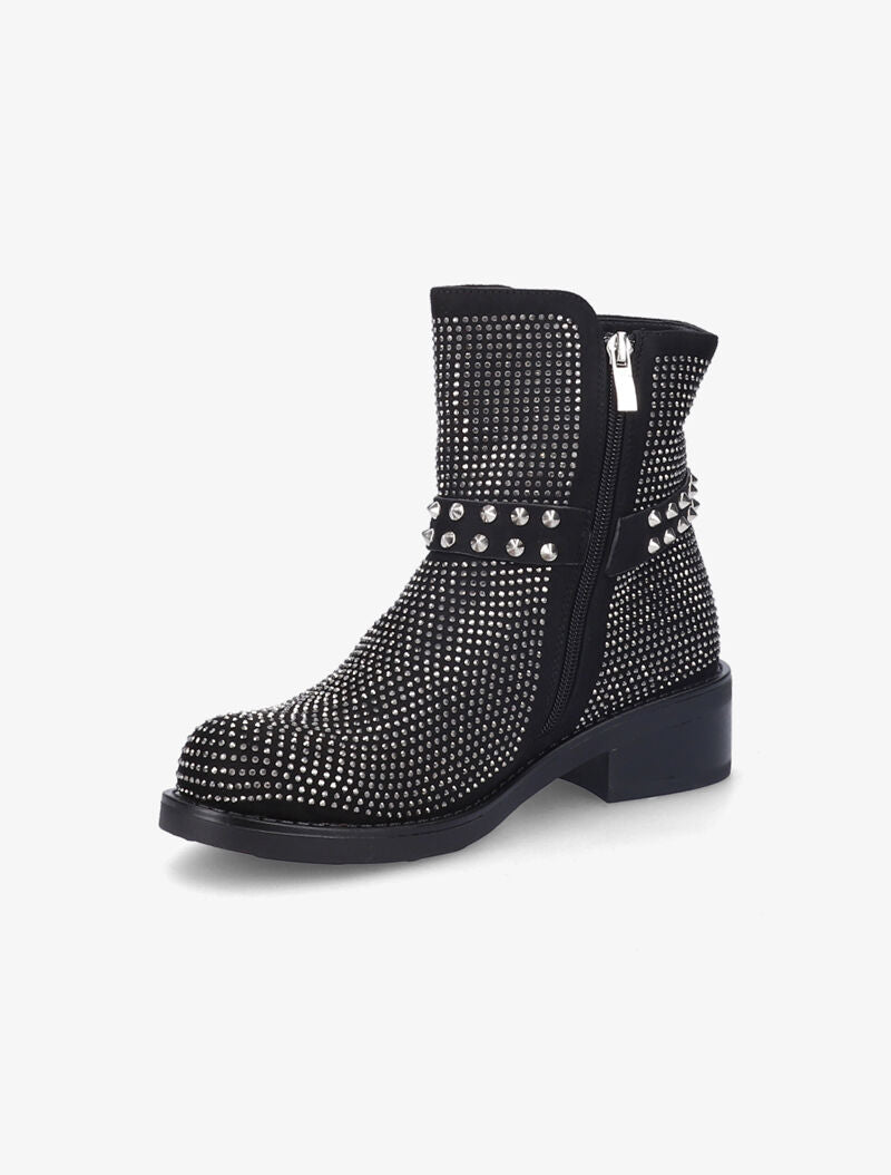 Bottines ornées de strass et brides cloutées - Noir - 4