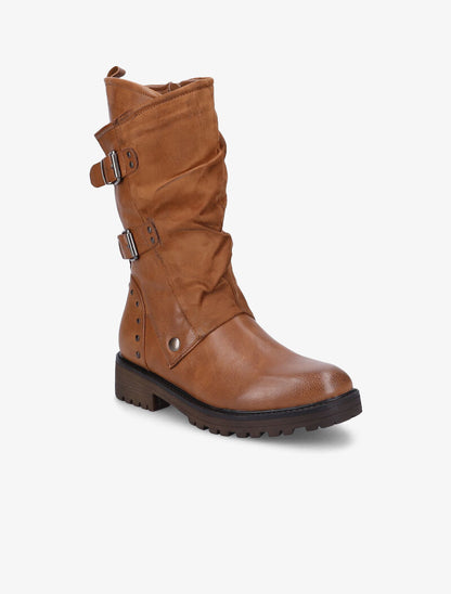 Bottes en simili et suédine à contrefort clouté - Camel - 2