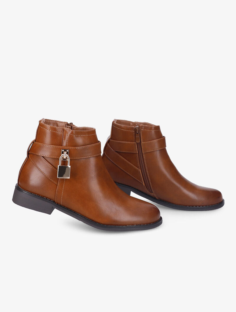 Bottines plates avec cadena doré décoratif - Camel - 4