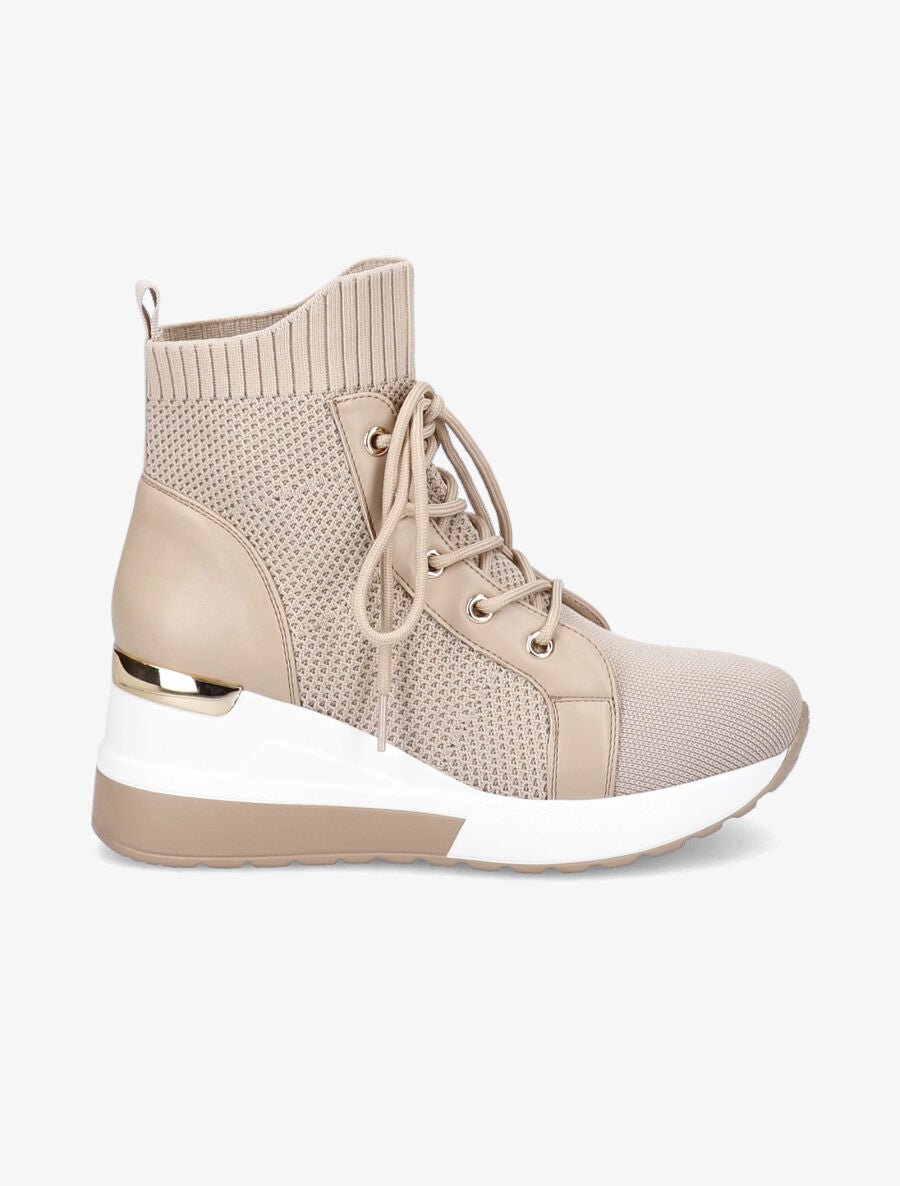 Baskets montantes compensées à lacets - Beige - 5