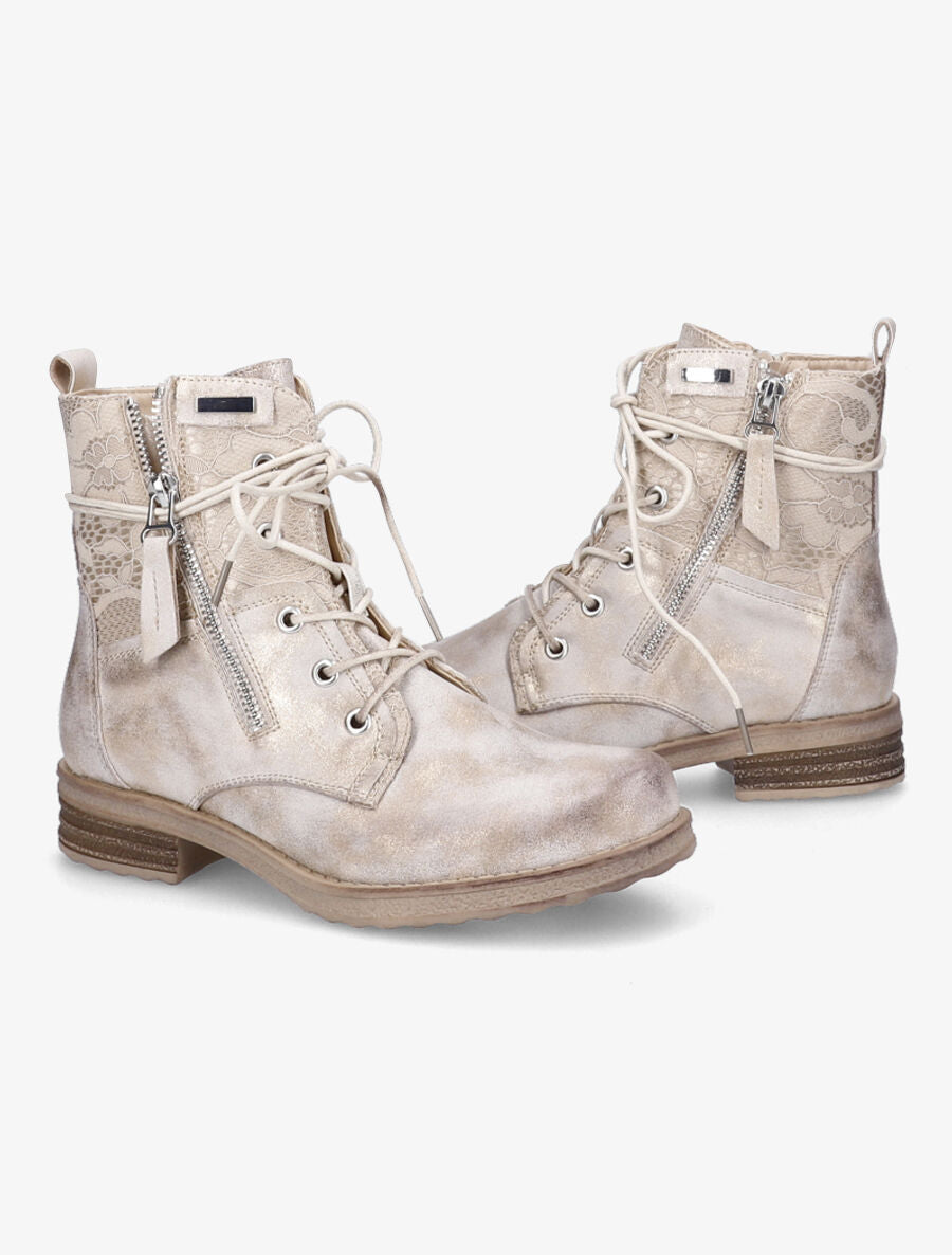 Bottines lacées à détail dentelle - Beige/doré - 4