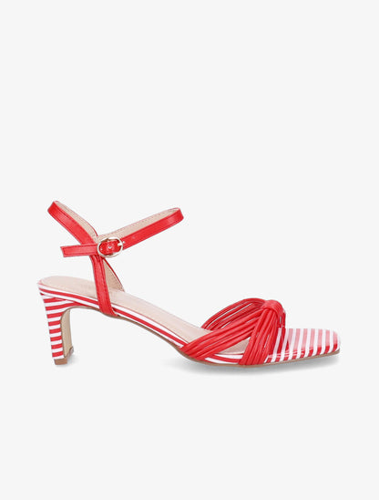 Sandales à talons rayés et ganses style noeud - Rouge - 1