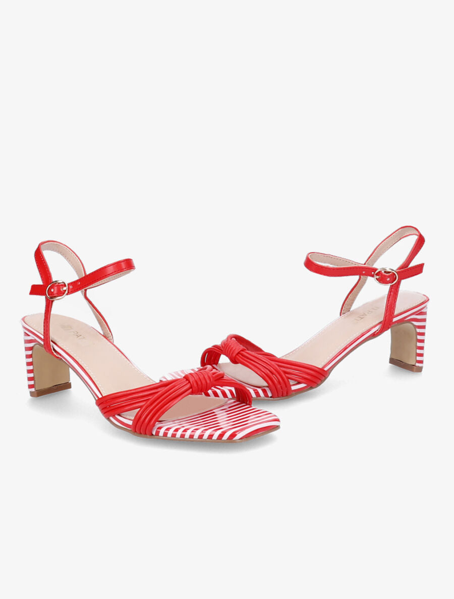 Sandales à talons rayés et ganses style noeud - Rouge - 4