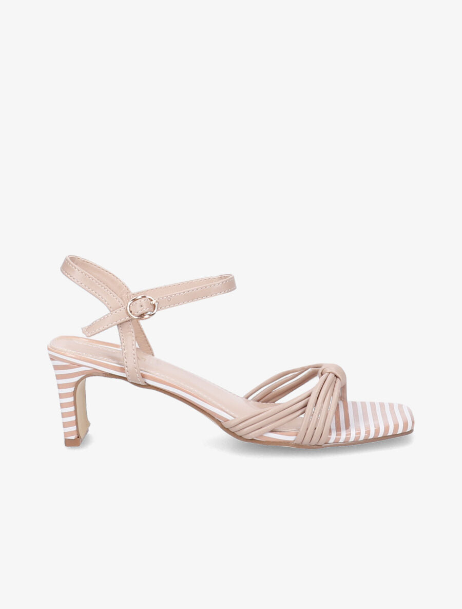 Sandales à talons rayés et ganses style noeud - Beige - 1