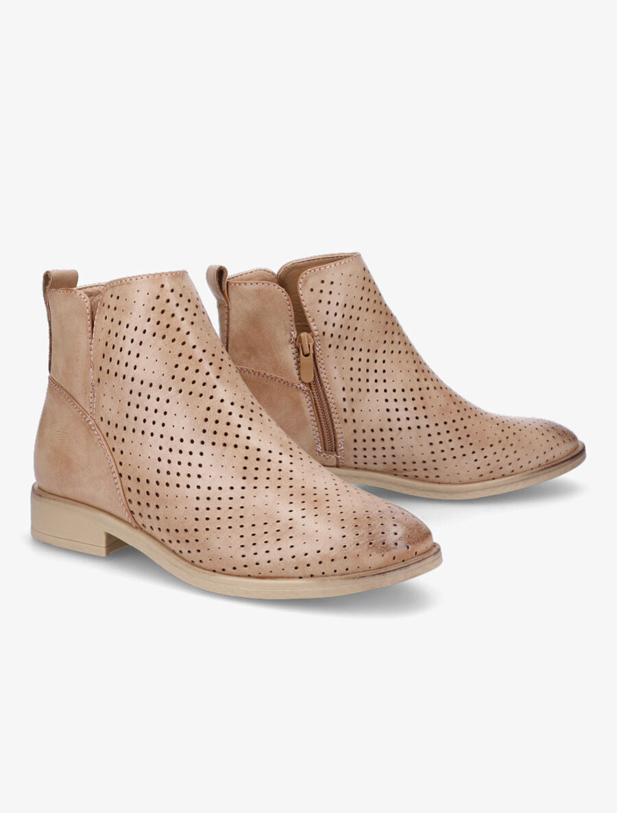 Bottines en simili perforé et chevilles fendues - Camel - 4
