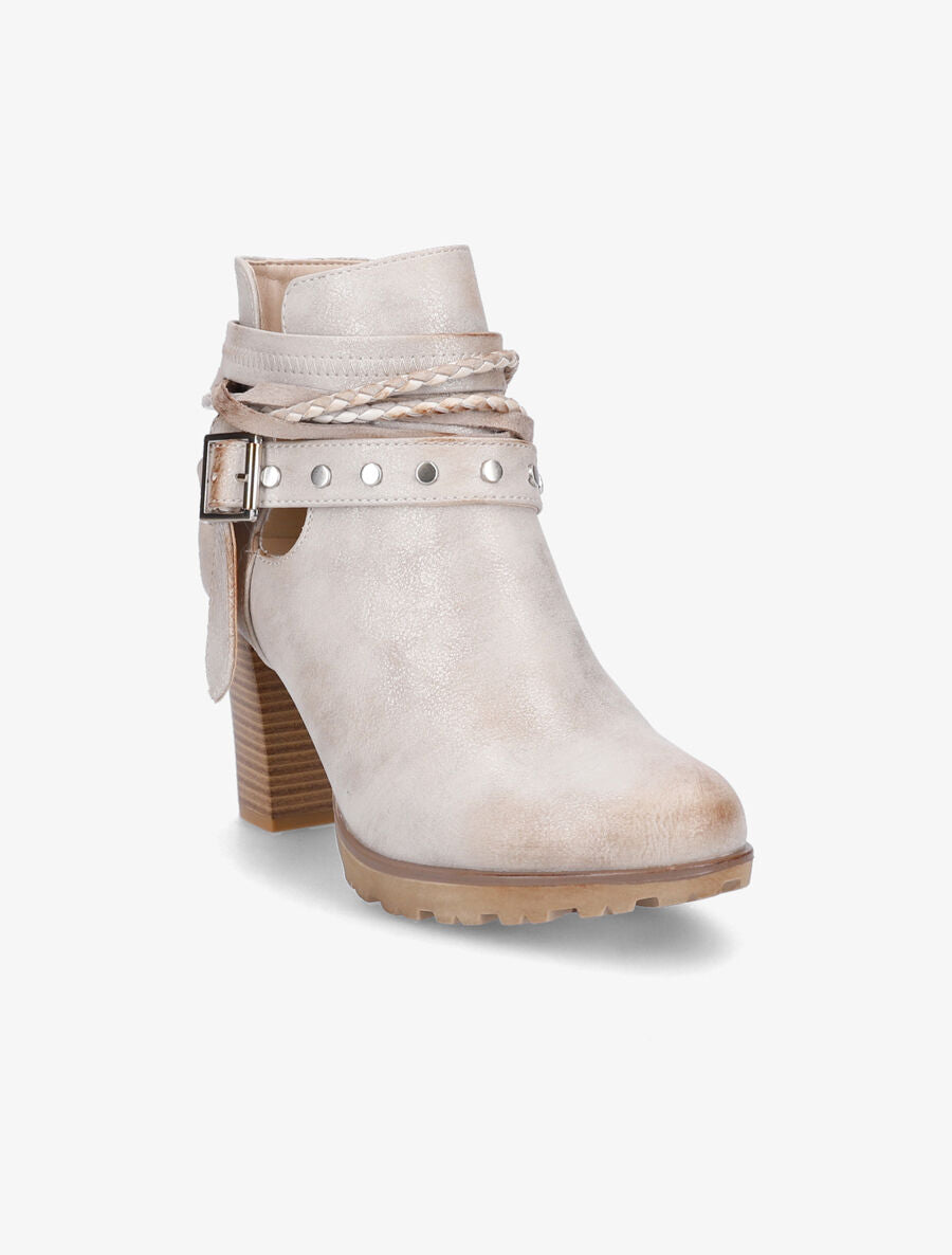 Bottines à talons et lanières cloutées - Beige/doré - 2