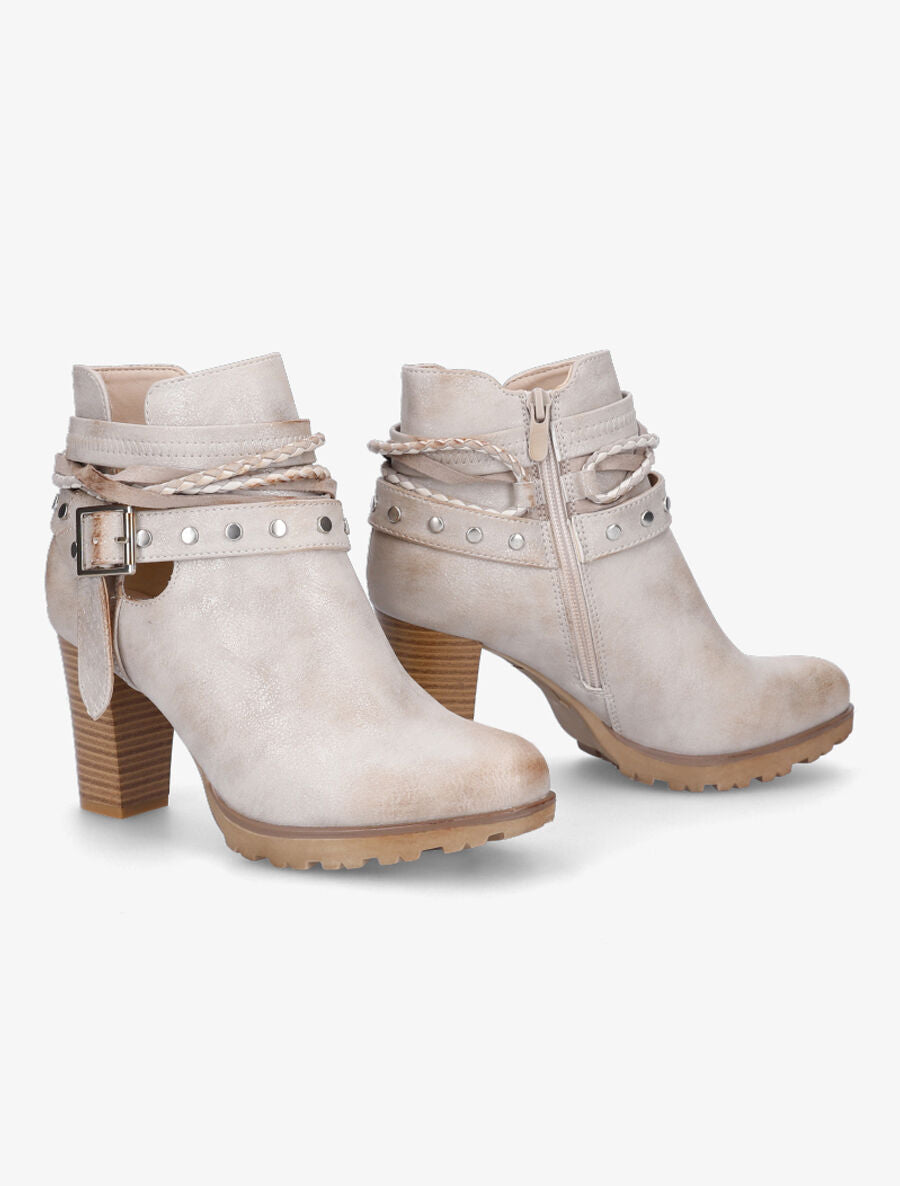 Bottines à talons et lanières cloutées - Beige/doré - 4