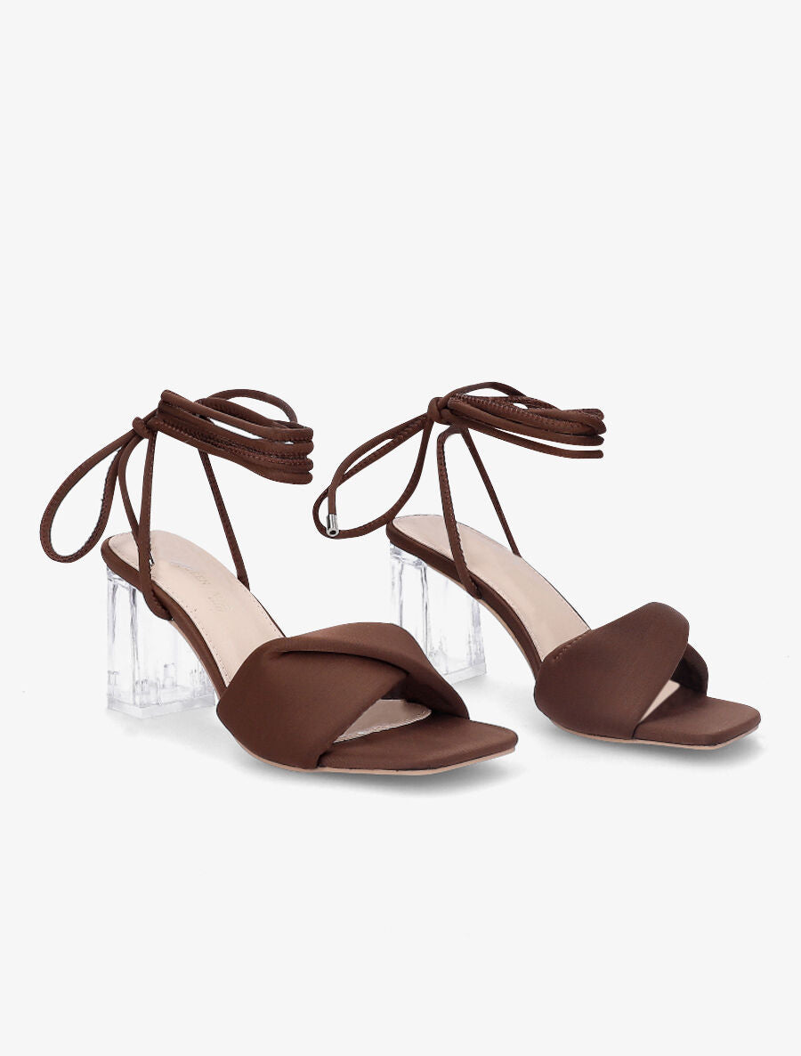 Sandales à talons transparents et liens - Marron - 4