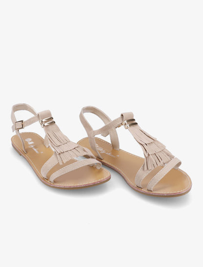 Nu-pieds frangés à boucle dorée - Beige - 5