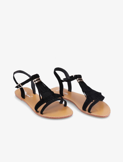 Nu-pieds frangés à boucle dorée - Noir - 5