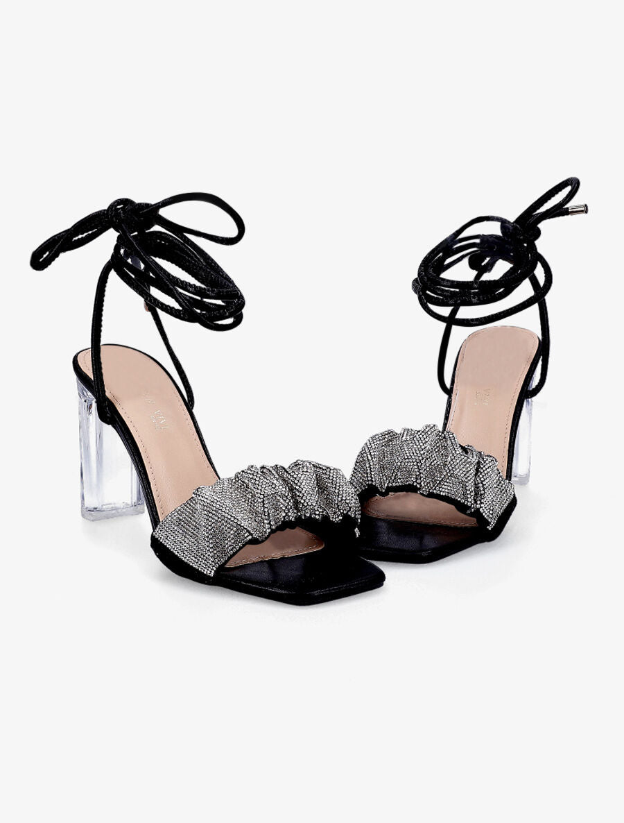 Sandales à ganses à strass et lacets - Noir - 4