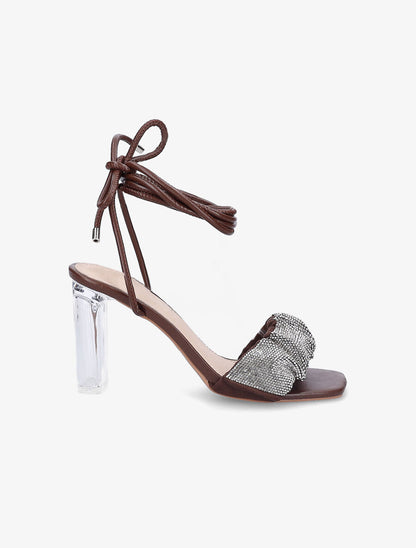 Sandales à ganses à strass et lacets - Marron - 1