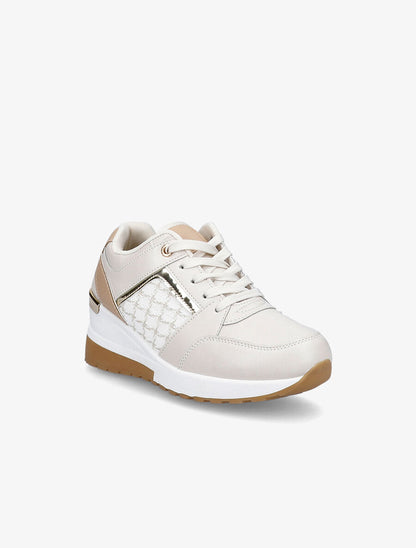 Baskets compensées à empiècement tissu et liserés vernis - Beige - 2