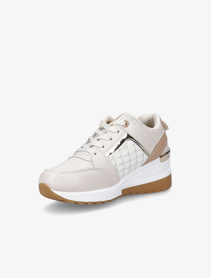 Baskets compensées à empiècement tissu et liserés vernis - Beige - 3