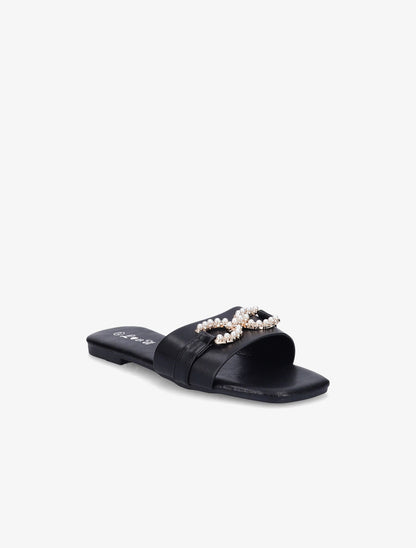 Mules plates à boucles en perles et strass - Noir - 2