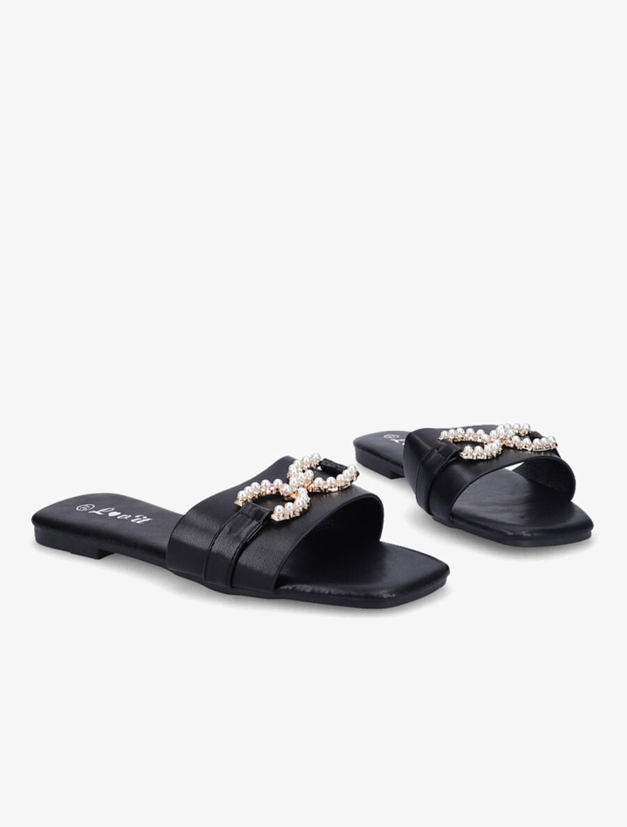Mules plates à boucles en perles et strass - Noir - 4