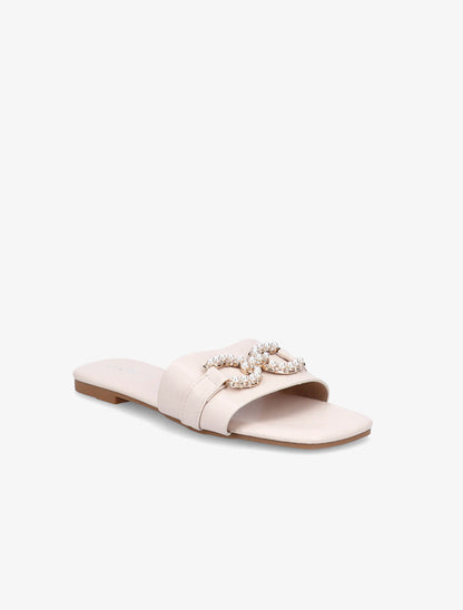 Mules plates à boucles en perles et strass - Beige - 2