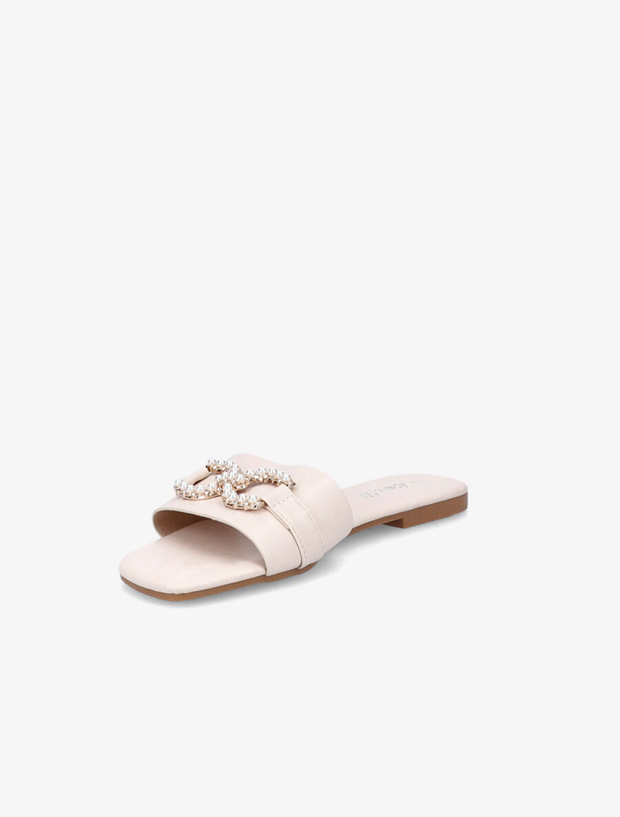 Mules plates à boucles en perles et strass - Beige - 3