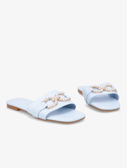 Mules plates à boucles en perles et strass - Bleu ciel - 4