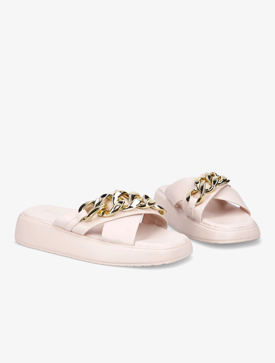 Claquettes à brides croisées et chaîne - Beige - 4