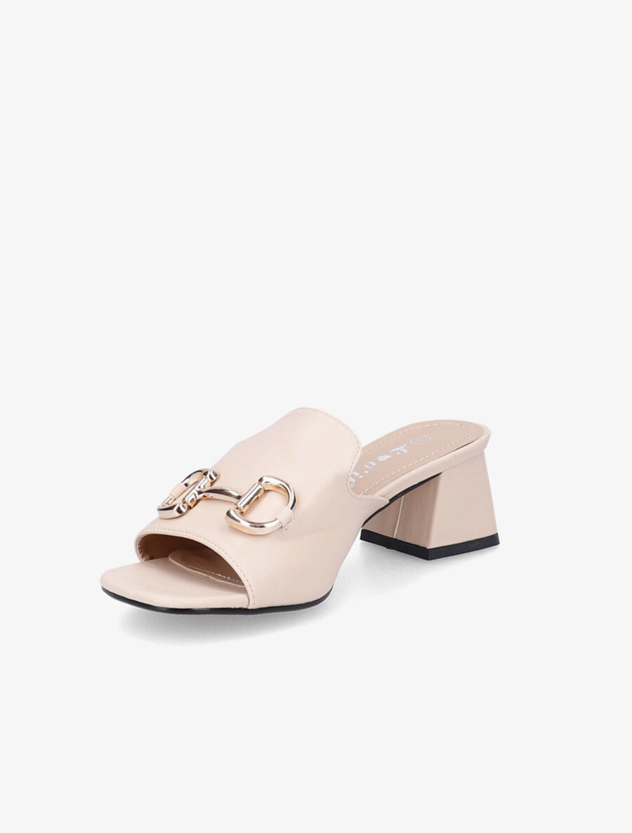 Mules en simili à boucle métallique dorée - Beige - 3