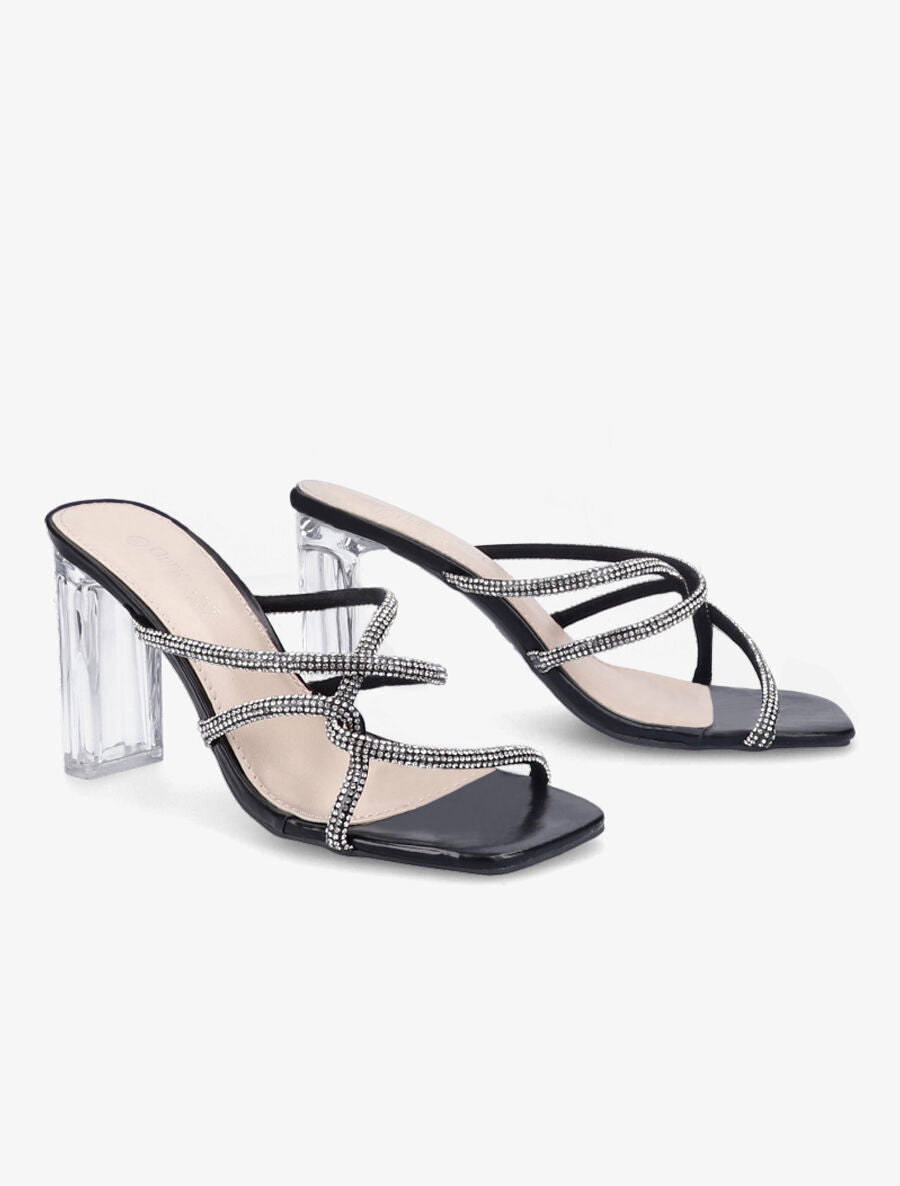 Mules à talons et brides à strass - Noir - 4